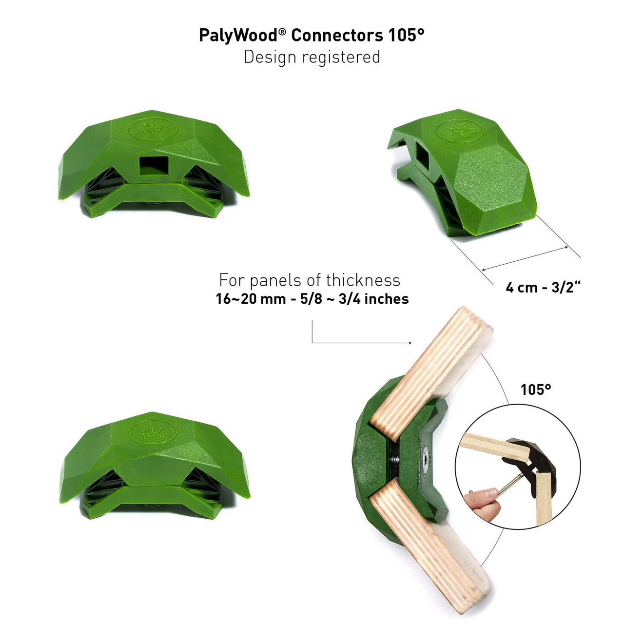 PlayWood Connector for Tool-Free Furniture & Storage Assembly 105-Deg Lt. Gr. 6PK