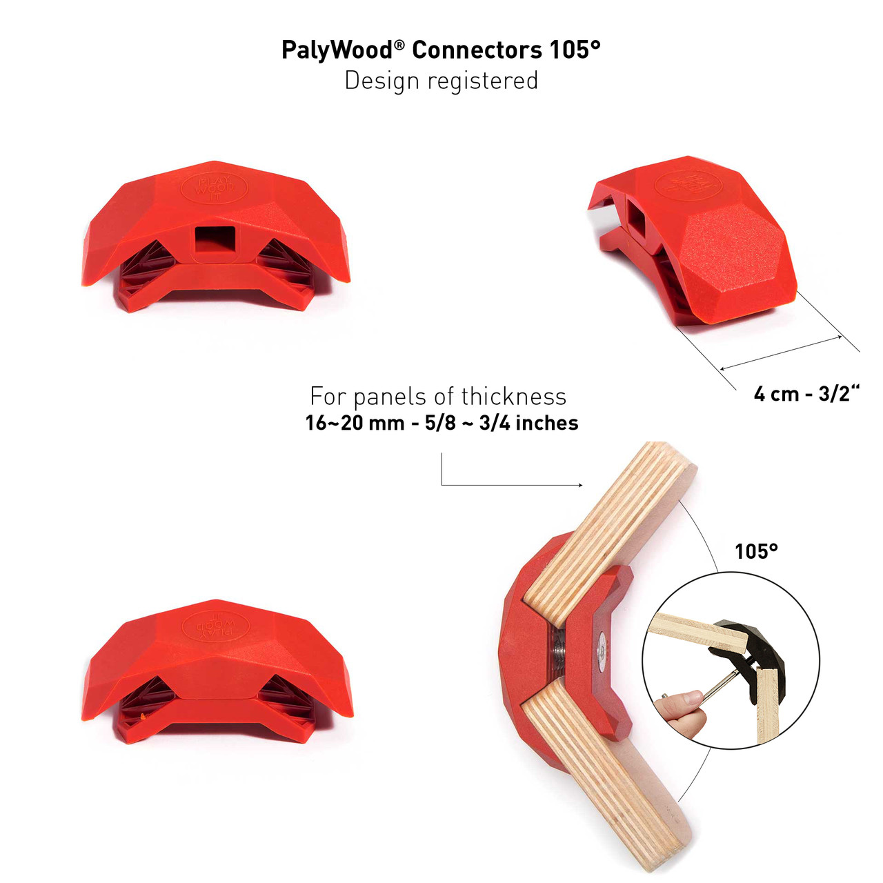 PlayWood Connector for Tool-Free Furniture & Storage Assembly 105-Deg Red 6PK