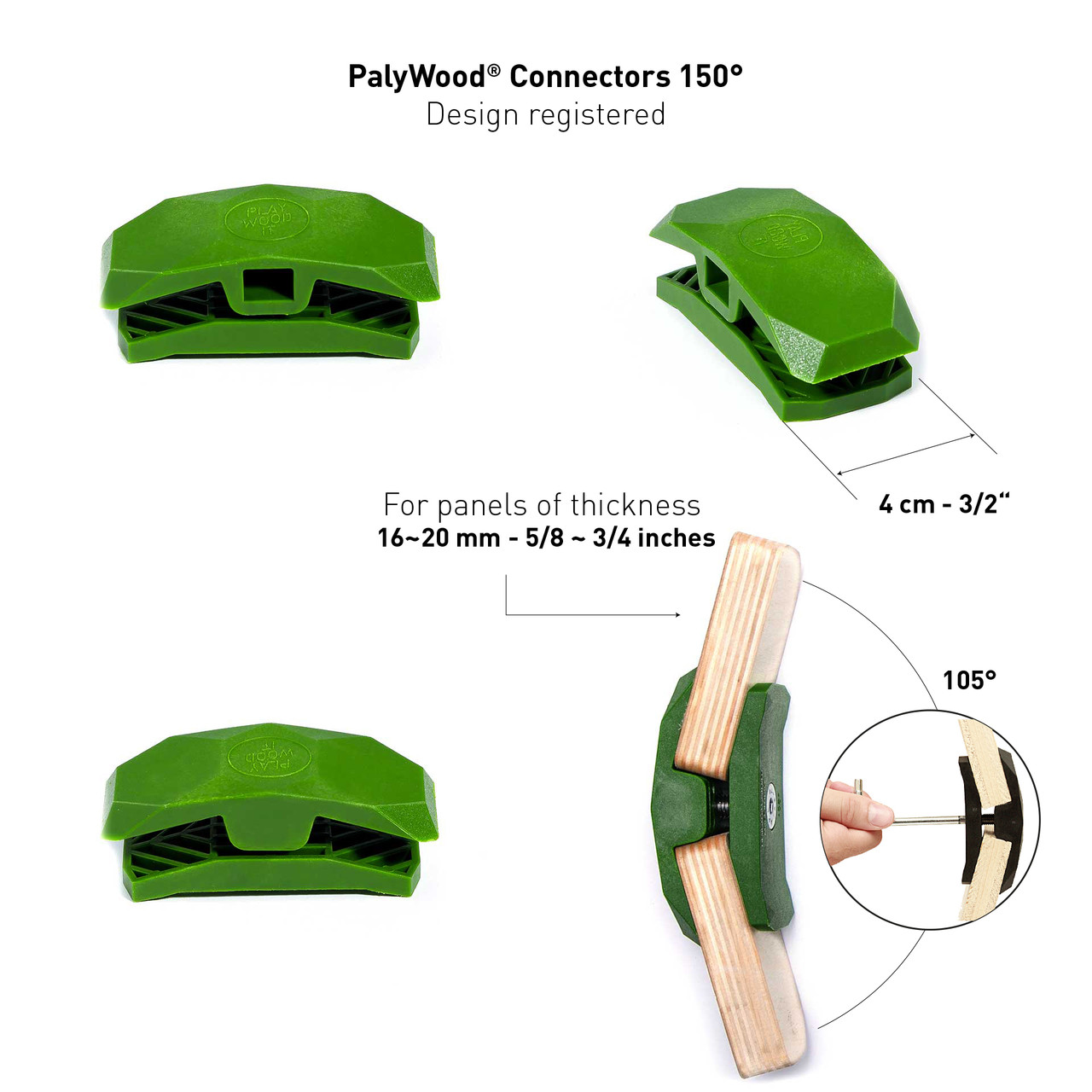 PlayWood Connector for Tool-Free Furniture & Storage Assembly 150-Deg Lt. Gr. 6PK