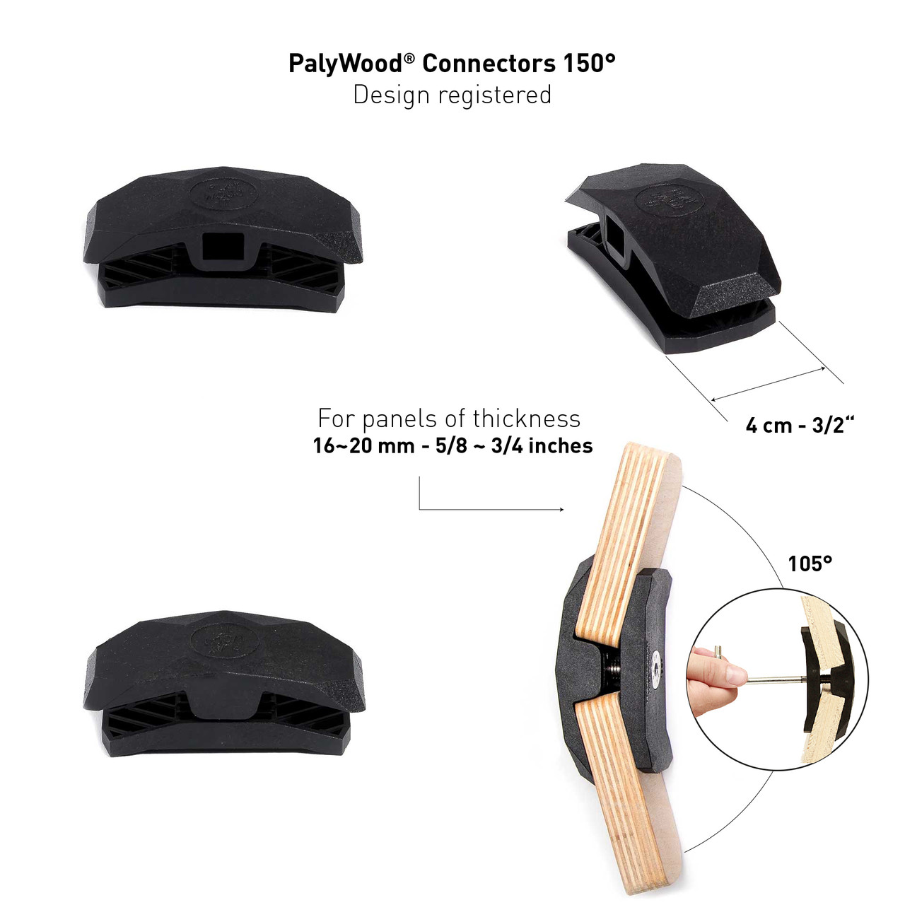 150-Degree Playwood Connector for Tool- Free Furniture Assembly - Black