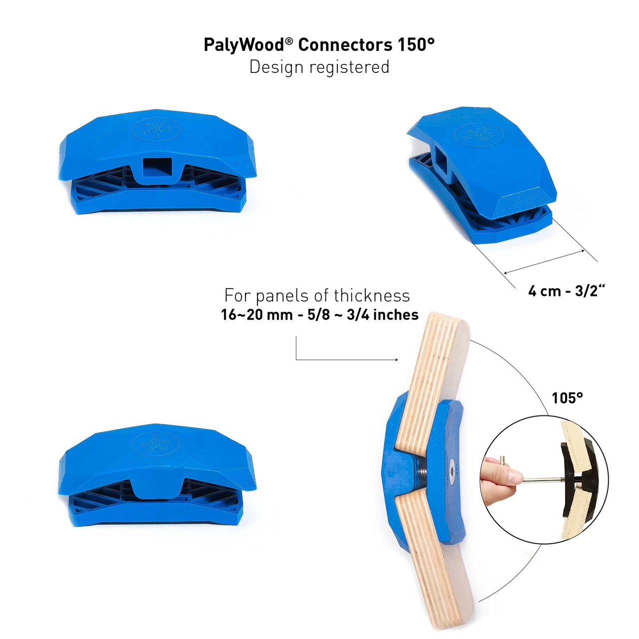 PlayWood Connector for Tool-Free Furniture & Storage Assembly 150-Deg Blue 6PK