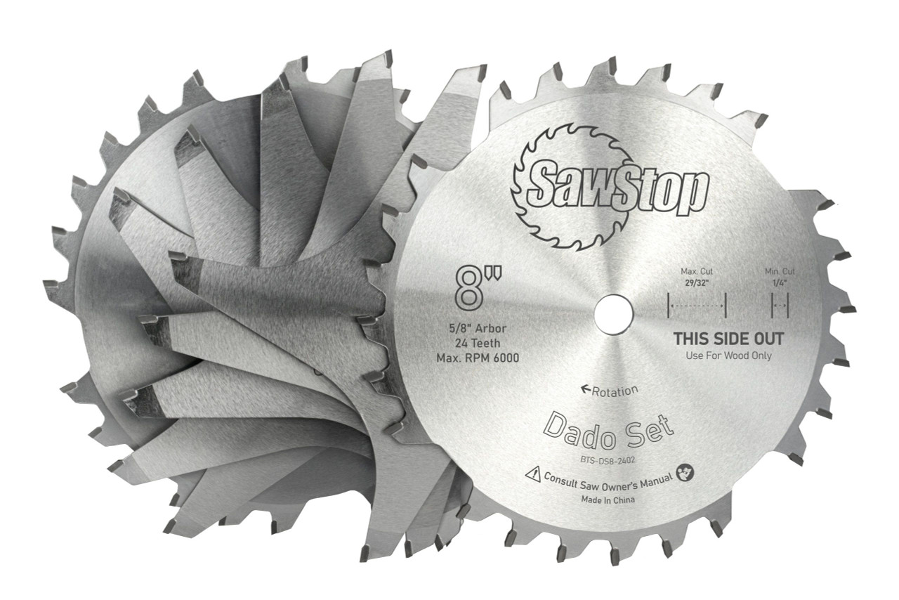 SawStop Premium 8 inch Dado set 5/8 Arbor Hole 1/4 to 29/32 in width Flat Bottom