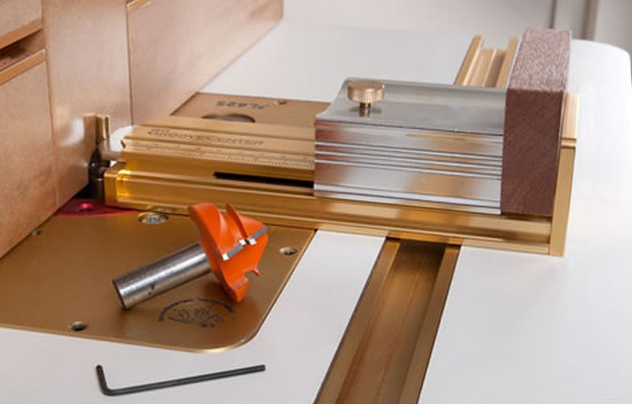 Prazi Router Table Fence Positioning System.  Perfect centering on your lock miter bit.  Find the exact center of your work piece on your router table.  Great for raised panel router bits