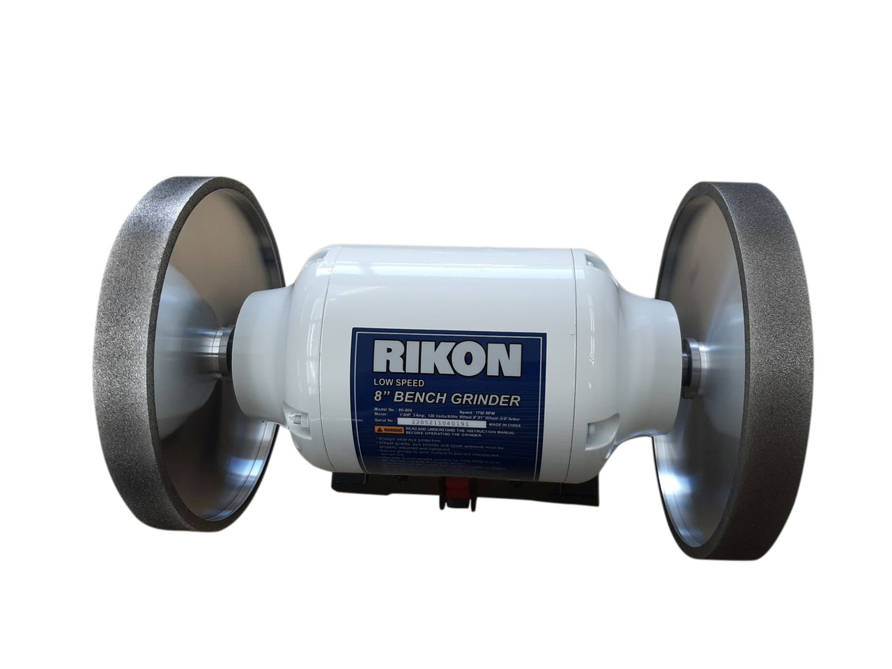 VMTW pair of 8 inch diamater 80 and 120 grit CBN Wheels and true run washers on a Rikon 8 inch Slow Speed Grinder Motor