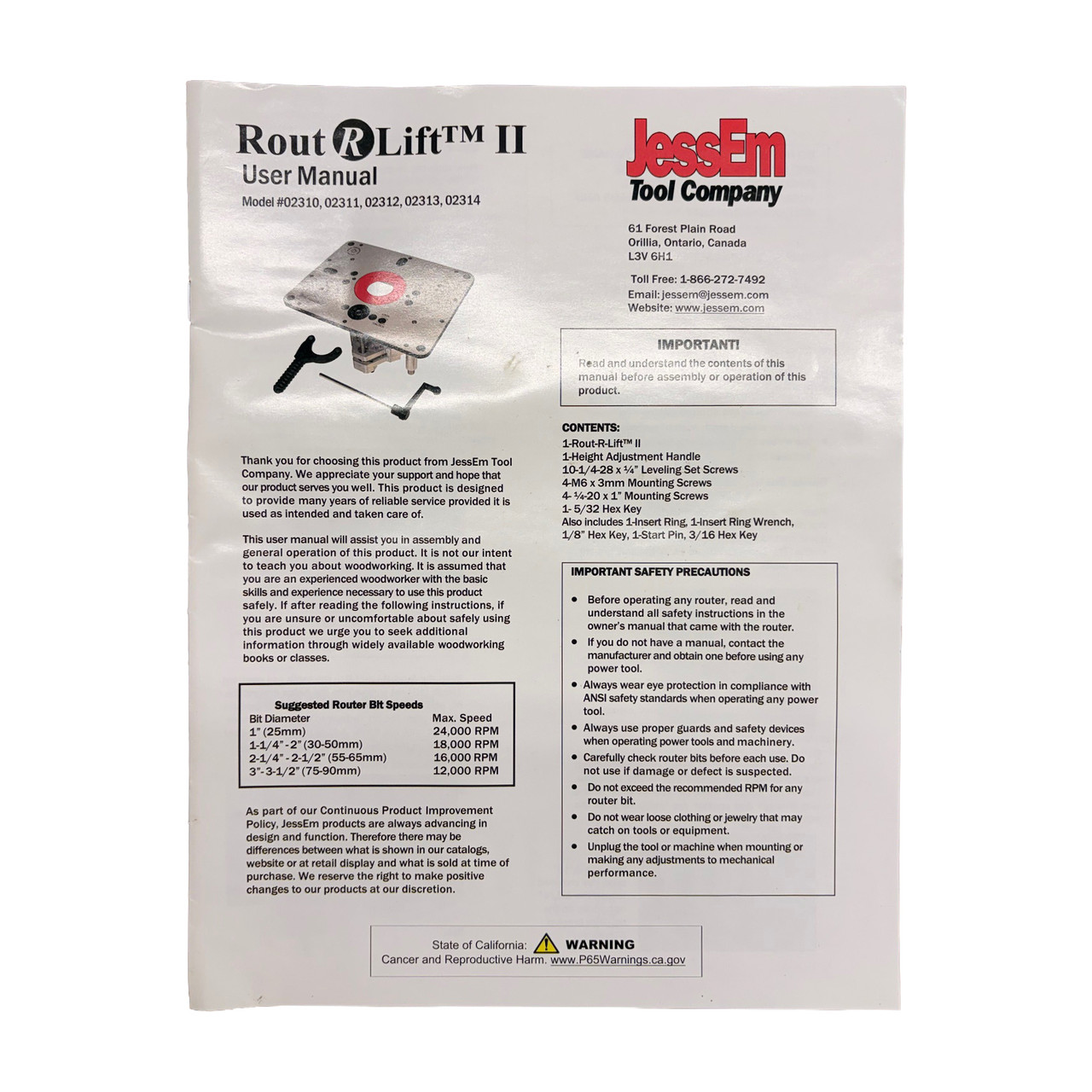 JessEm 02310 Rout-R-Lift II Router Lift For 3-1/2 in. Diameter Router Motors*