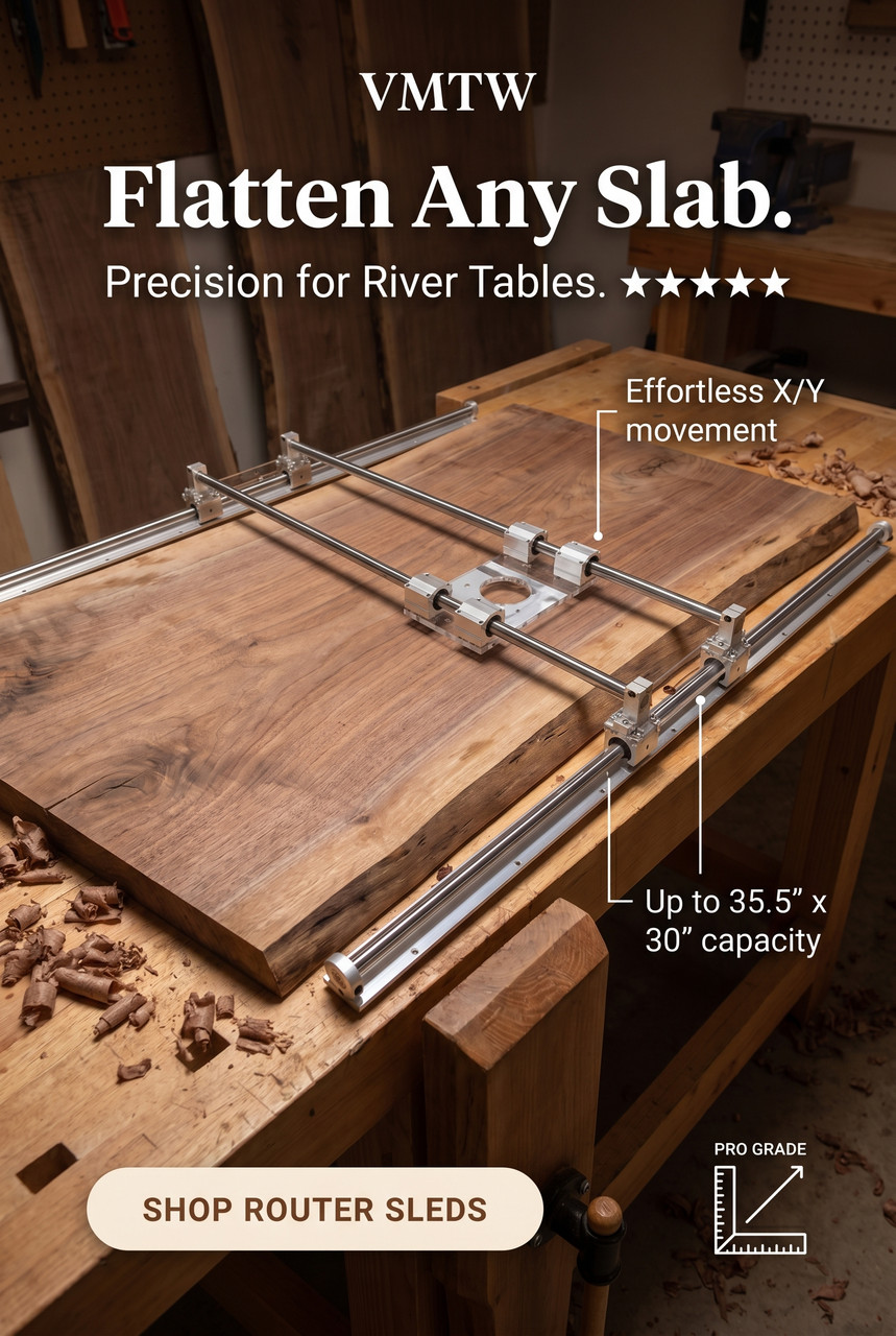Natural Edge Slab Flattening Router Sled kit. Mill end grain cutting boards-wood slabs and epoxy pours with your router and the VMTW rail jig 30*48 nominal size for a slab up to 35.5*30