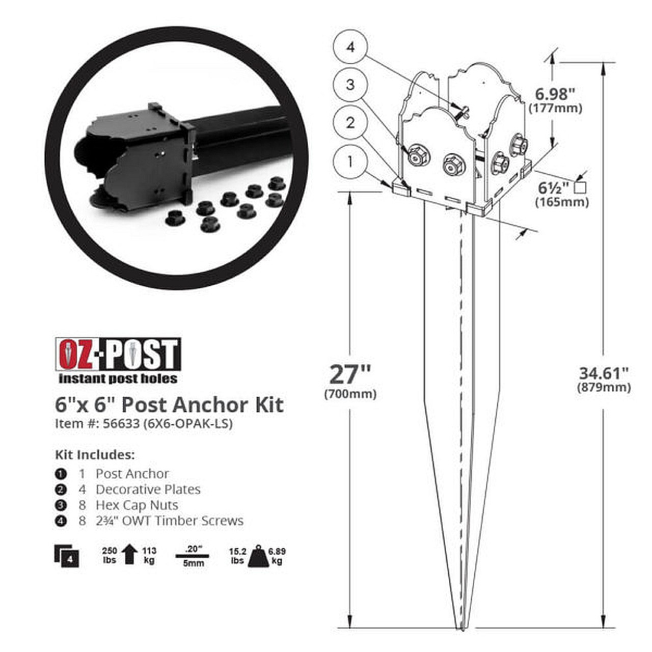 OZCO 6'' x 6'' Ornamental Post Tie Anchor Kit Laredo Sunset