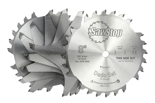 SawStop Premium 8 inch Dado set 5/8 Arbor Hole 1/4 to 29/32 in width Flat Bottom