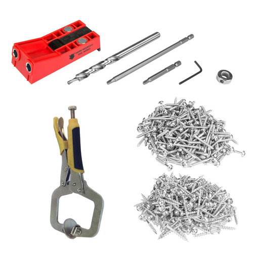  Pocket Hole Jig and Face Frame clamp kit with Builders 500 pack of pocket hole screws for 3/4 hard and soft wood.  Build tables, shelves, cabinets, furniture, and more!
