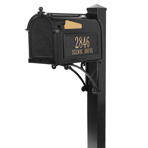 Superior Mailbox Pkg in Black+ Deluxe Post+Brackets+Post Cap+2 Custom Plaques