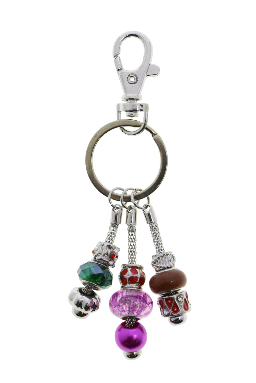 Chain Dangle Split-Ring Keychain Silver-Tone With Assorted Color Beads -  KEKC10003R - Wholesale Jewelry & Accessories