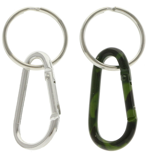 Duo carabiner keychains, one silver tone and the other with a camouflage design KEKC6190