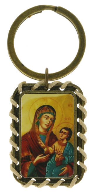Rectangle shaped keychain with a picture of the virgin Mary holding baby Jesus kekc6216
