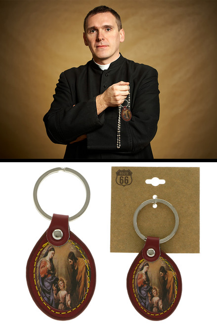 Faux leather keychain with an oval shaped picture of Mary, Joseph, and baby Jesus kekc6220 Faux leather keychain with an oval shaped picture of Mary, Joseph, and baby Jesus kekc6220