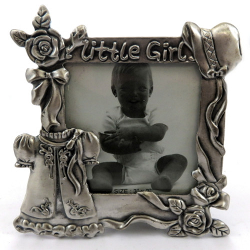 Pewter picture frame with the words "little girl" written across the top of the frame and little girl accessories around the frame pf105 Pewter picture frame with the words "little girl" written across the top of the frame and little girl accessories around the frame pf105