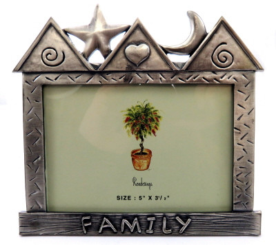 Pewter picture frame shaped as a house with the word "family" written across the bottom pf118