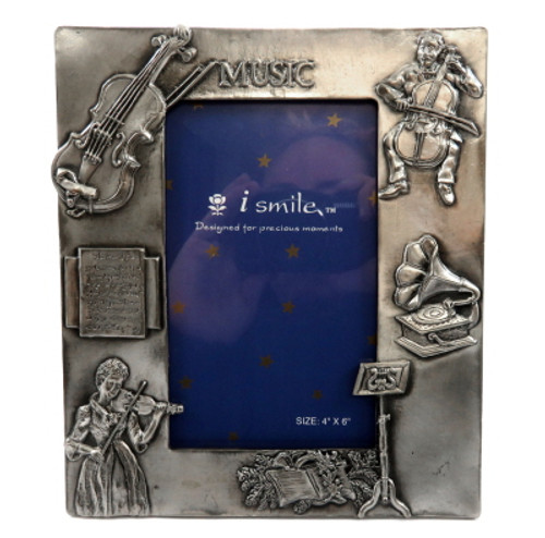 Pewter picture frame with the word "music" on the top of the frame and assorted music displays around the frame pf31 Pewter picture frame with the word "music" on the top of the frame and assorted music displays around the frame pf31