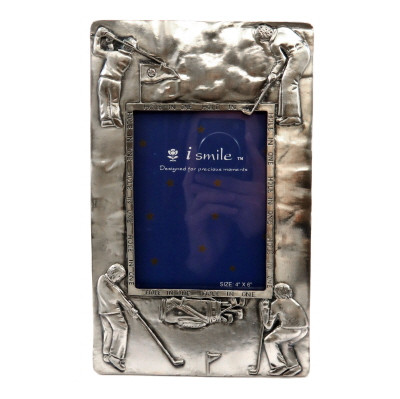 Pewter picture frame with golfers in different poses on each corner of the frame and the words "hole in one" engraved around the inside of the frame pf67