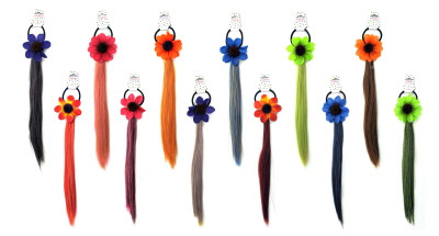 Assorted hair scrunchies with a flower attached and synthetic hanging from the flower HH2524