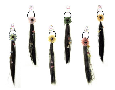 Hair scrunchie with a flower attached and synthetic hair hanging with small flowers within the hair strands HH2525A