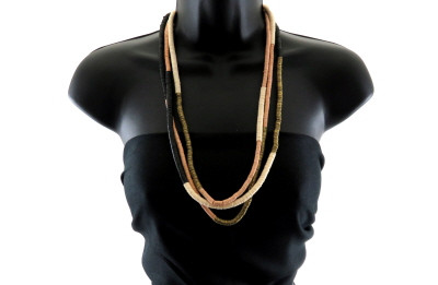 Three layered, medium length necklace made of hundreds of small disc shaped beads QN154