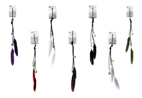 Bobby pin with black string hanging from bobby pin with beads and feathers attached to the string FEATHER3004