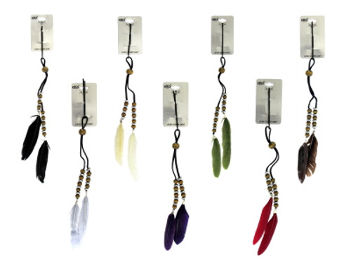 Bobby pin with thick black string hanging from bobby pin with beads and feathers attached to the string FEATHER3014