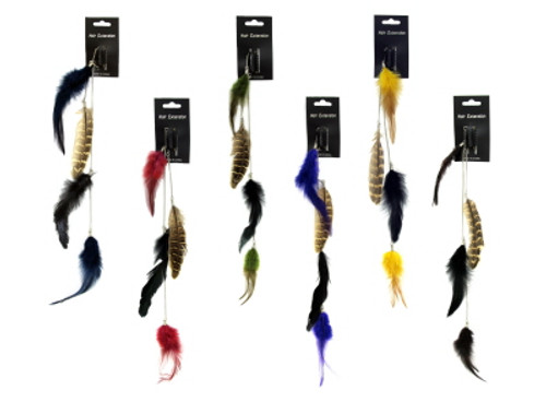 Hair clip with two silver tone chains hanging from clip and assorted style feathers attached to the chains FEATHER42