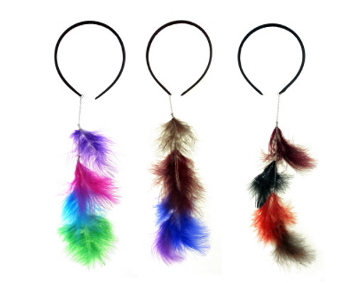 Black headband with bright colored feathers hanging from a straight chain FEATHER62