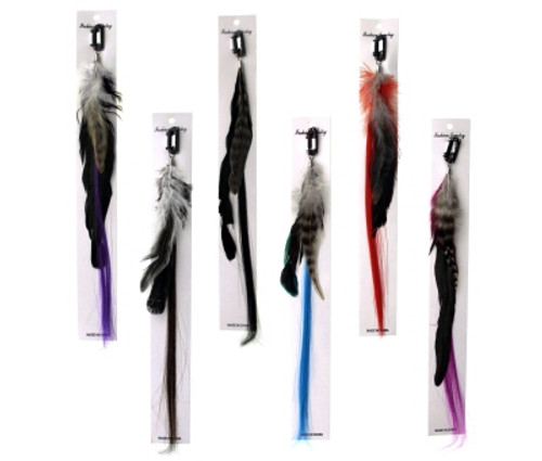 Hair clip with plain colored synthetic hair and feathers hanging about 12 inches from clip FEATHER68