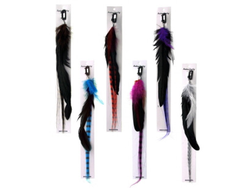 Hair clip with tiger striped synthetic hair and feathers hanging about 12 inches from clip FEATHER69