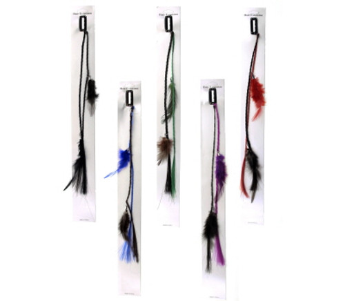 Hair clip with braided synthetic hair and feathers hanging about 12 inches from clip FEATHER73