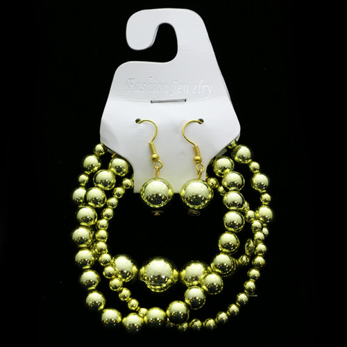 Acrylic Bead Bracelet - Dangle Earring Set Gold-Tone - BE1027
