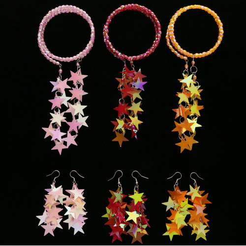 AB Finish Star Sequin Bead Bracelet - Dangle Earring Set Assorted - BE1308C