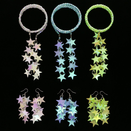 AB Finish Star Sequin Bead Bracelet - Dangle Earring Set Assorted - BE1308C