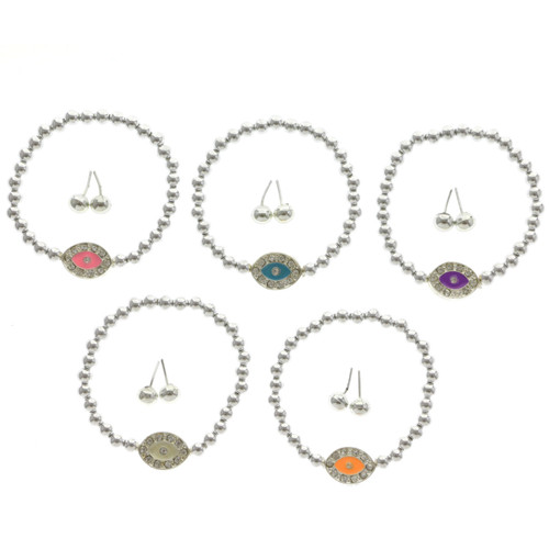 Crystal Accent God's-Eye Beaded Stretch Bracelet - Post Earring Set Assorted - BE3093B