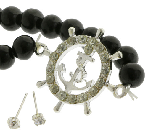 Crystal Accent Nautical Themed Stretch Bracelet - Stud Earring Set Assorted - BE3103B