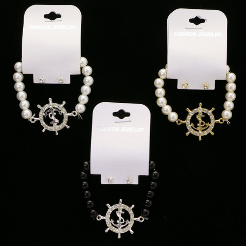 Crystal Accent Nautical Themed Stretch Bracelet - Stud Earring Set Assorted - BE3103B