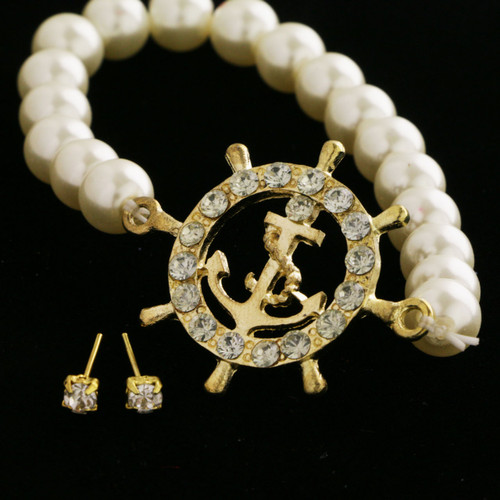 Crystal Accent Nautical Themed Stretch Bracelet - Stud Earring Set Assorted - BE3103B