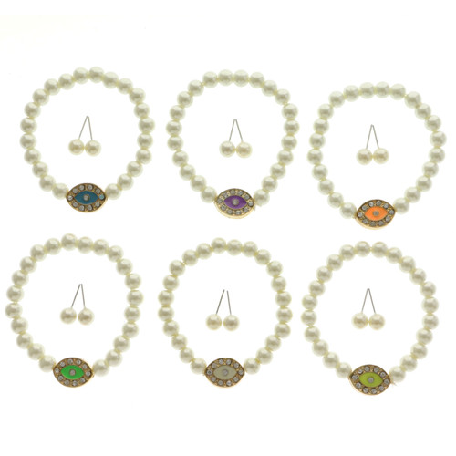 Imitation Pearl Bead God's-Eye Stretch Bracelet - Post Earring Set Assorted - BE3117C