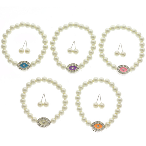 Imitation Pearl Bead God's-Eye Stretch Bracelet - Post Earring Set Assorted - BE3117C