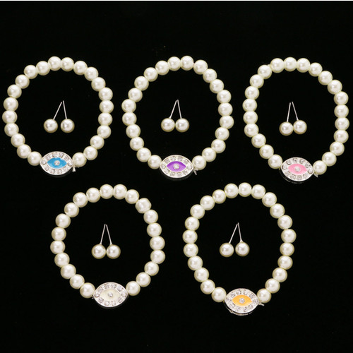 Imitation Pearl Bead God's-Eye Stretch Bracelet - Post Earring Set Assorted - BE3117C