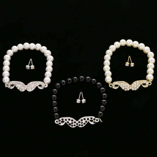 Crystal Accent Mustache Pendant Stretch Bracelet - Stud Earring Set Assorted - BE3118B