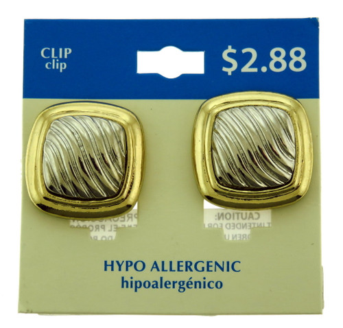 Hypo allergenic clip-on earrings shaped as a square with a silver tone wave design and gold tone outer square PP37