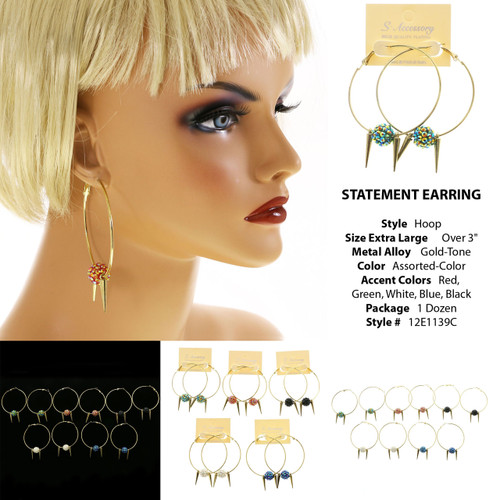 Large hoop earrings with assorted colored spikes and beads 12E1239C