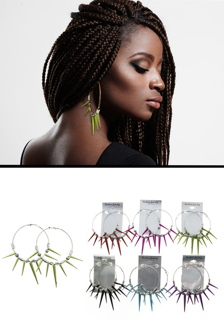 Antiqued Spike Hoop-Earrings With Bead Accents Assorted-Color & Silver-Tone 12 Per Package 12E1252C