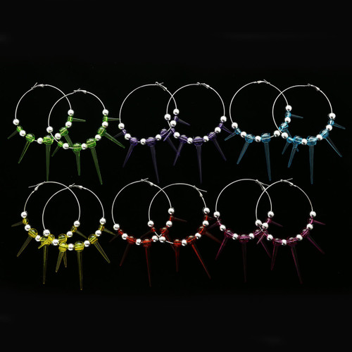 Spike Hoop-Earrings With Bead Accents Assorted-Color & Silver-Tone 12 Per Package 12E1338C