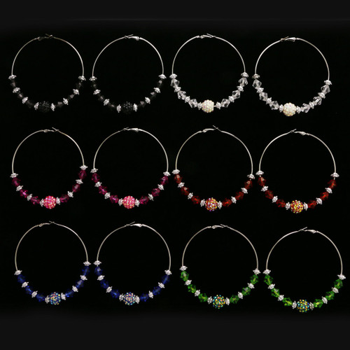 AB Finish Hoop-Earrings With Bead Accents Assorted-Color & Silver-Tone 12 Per Package 12E1403C