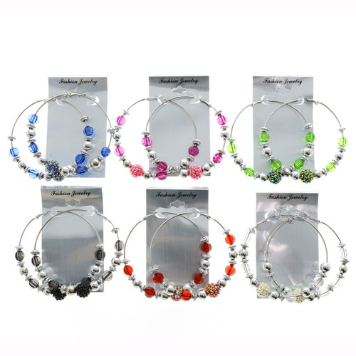 AB Finish Hoop-Earrings With Bead Accents Assorted-Color & Silver-Tone 12 Per Package 12E1405C