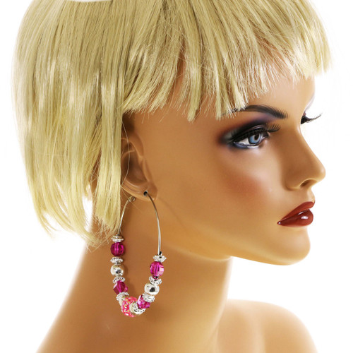 AB Finish Hoop-Earrings With Bead Accents Assorted-Color & Silver-Tone 12 Per Package 12E1405C